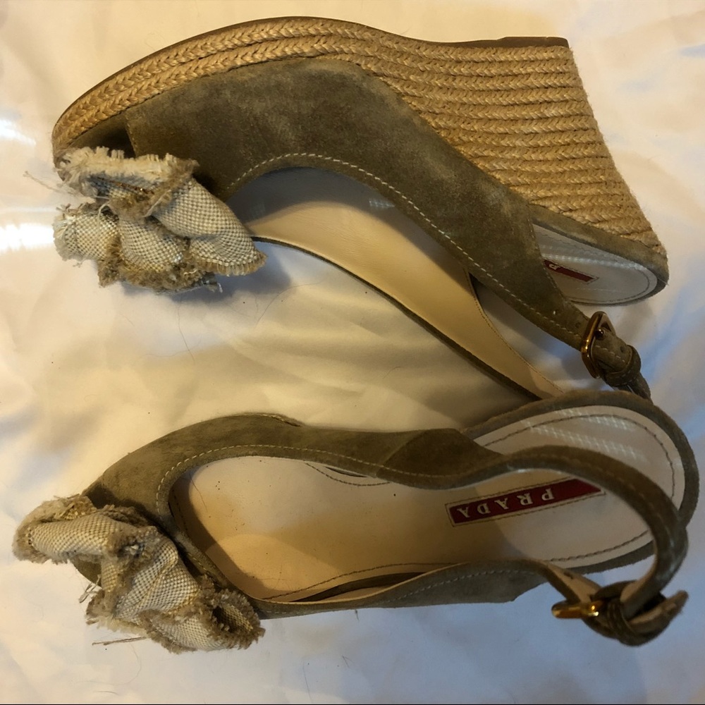 Tan Bow Prada Wedges